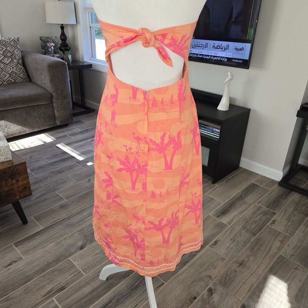 Lilly Pulitzer Vintage Strapless Dress Sz 8 Orange Pink Flamingo Palm Tie Back - Picture 3 of 8